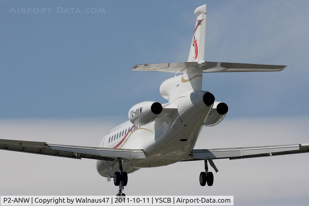 P2-ANW, 2008 Dassault Falcon 900EX C/N 218, Rear view of Air Niugini / Papua New Guinea (PNG) Government Falcon 900EX P2-ANW Cn 218 on final approach to Rwy 35 at Canberra Airport (CBR / YSCB) on 11Oct2011. PNG Prime Minister Peter O'Neill arriving for the 20th Aust-PNG Ministerial Forum.
