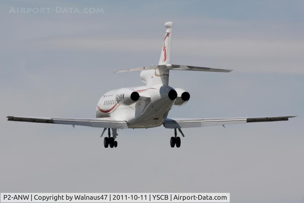 P2-ANW, 2008 Dassault Falcon 900EX C/N 218, Rear view of Air Niugini / Papua New Guinea (PNG) Government Falcon 900EX P2-ANW Cn 218 on final approach to Rwy 35 at Canberra Airport (CBR / YSCB) on 11Oct2011. PNG Prime Minister Peter O'Neill arriving for the 20th Aust-PNG Ministerial Forum.