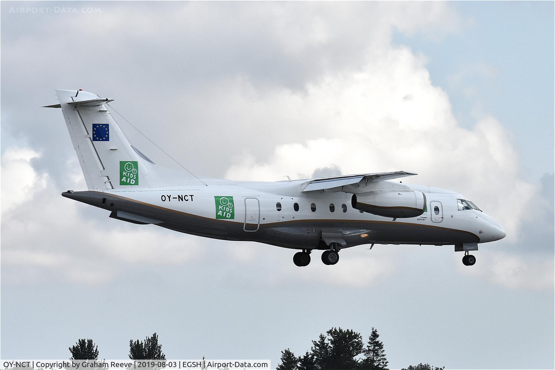 OY-NCT, 2001 Dornier 328-310 C/N 3213, Landing at Norwich.