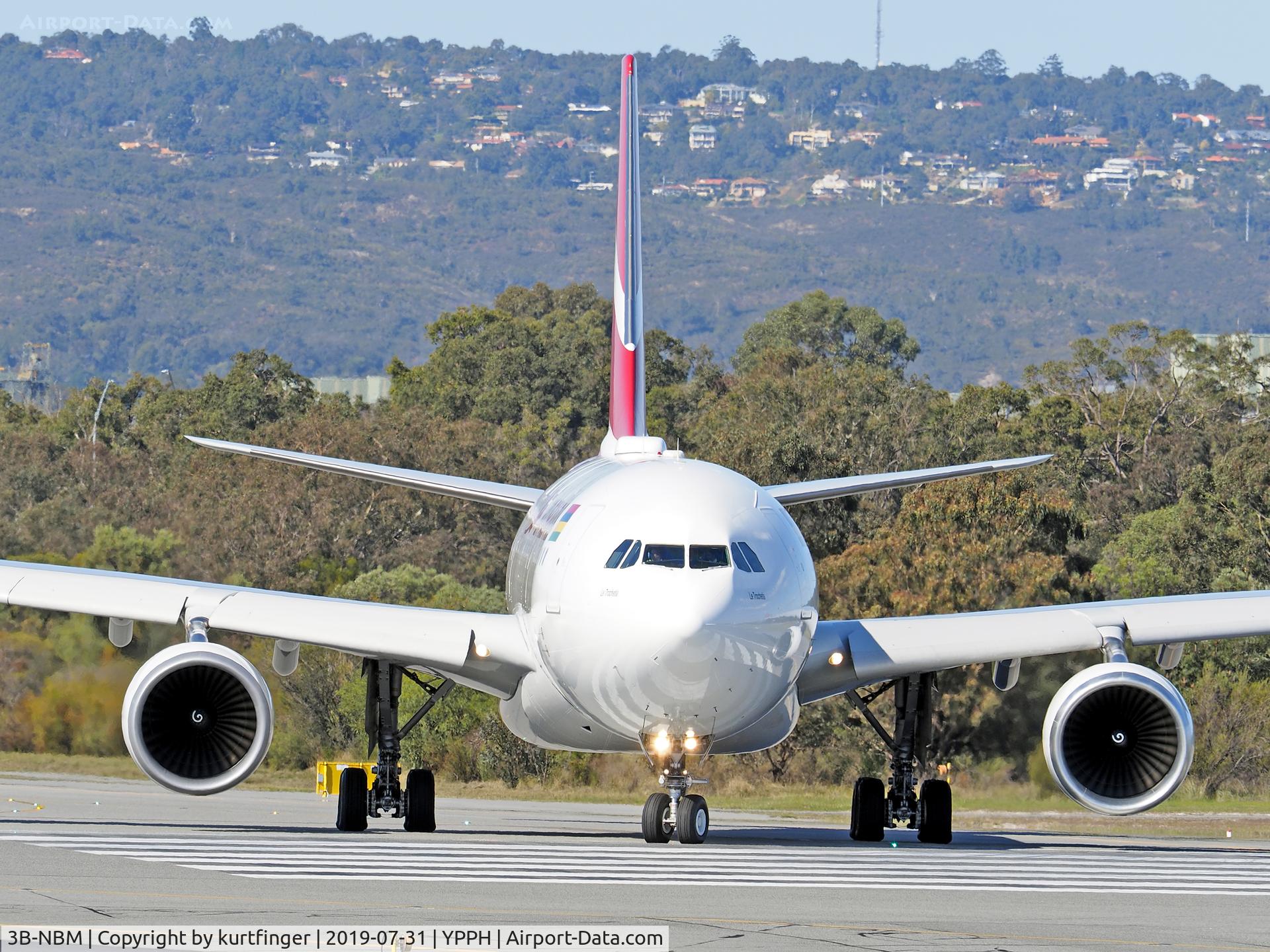3B-NBM, 2007 Airbus A330-202 C/N 883, Airbus A330-202. Air Mauritius 3B-NBM moving onto runway 03 YPPH 31072019.