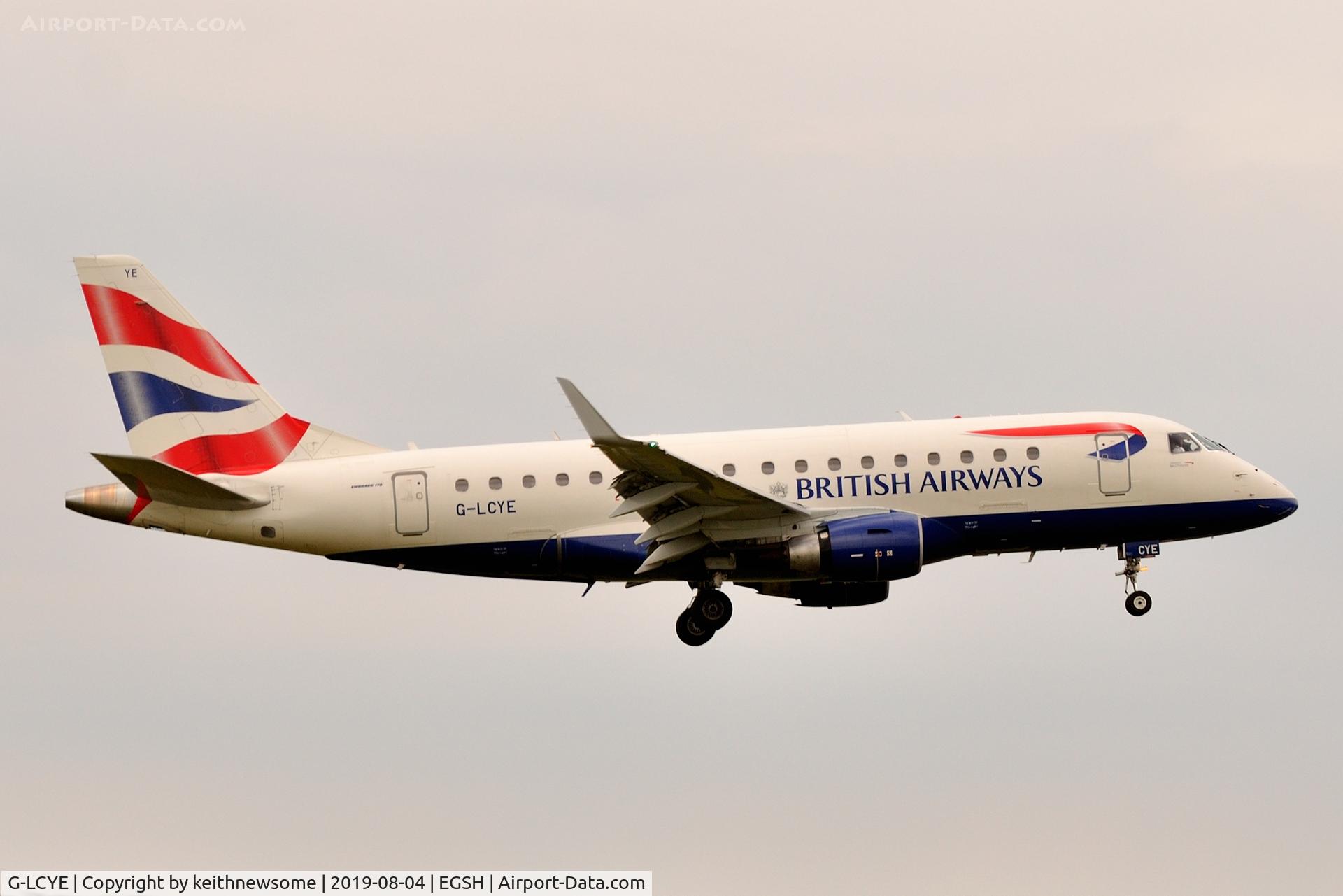 G-LCYE, 2009 Embraer ERJ-170-100STD C/N 17000296, Arriving at Norwich from London City Airport.