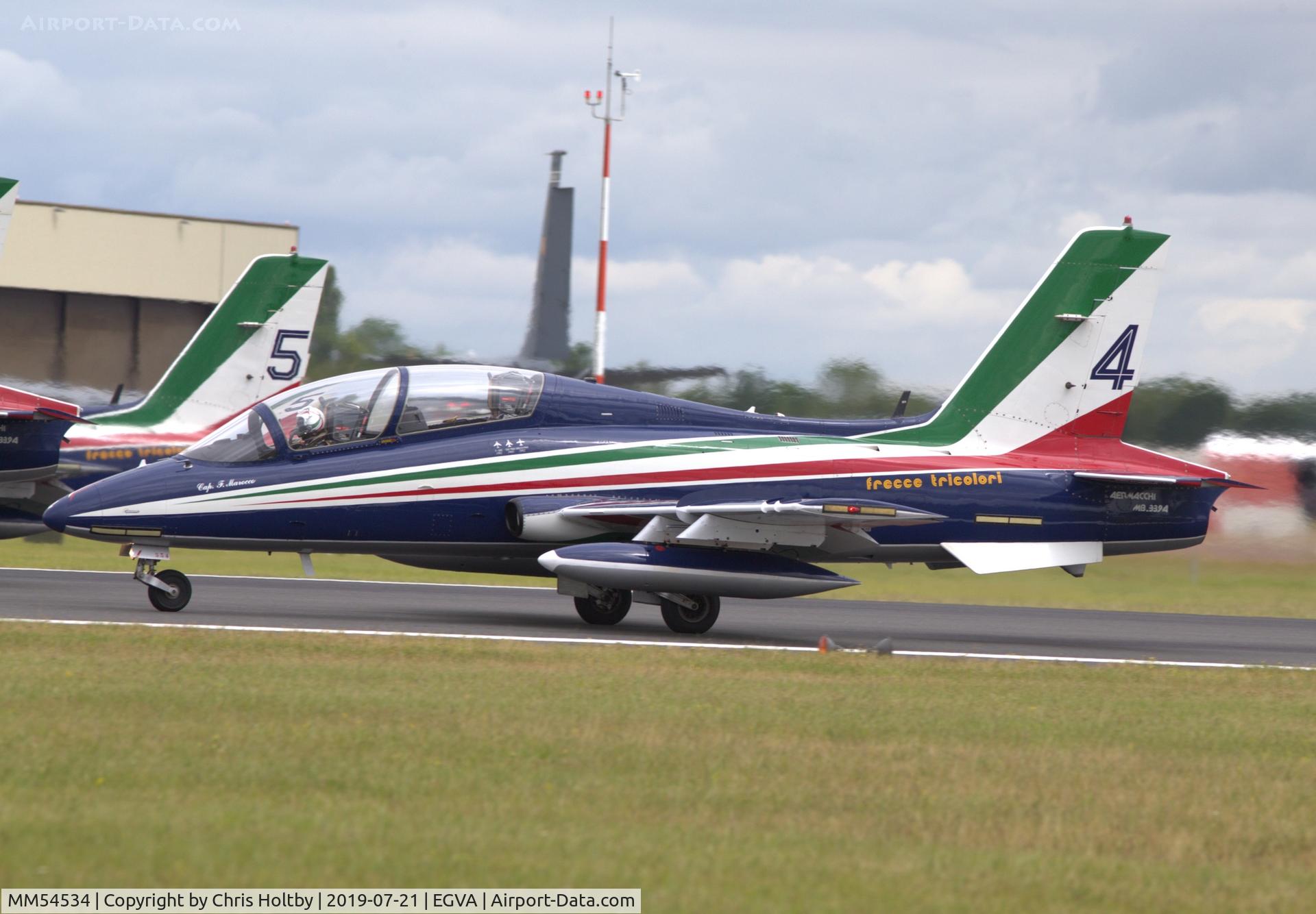 MM54534, Aermacchi MB-339PAN C/N 6741/136/AA068, About to take-off for the Frecce Tricolori team display at RIAT 2019 RAF Fairford
