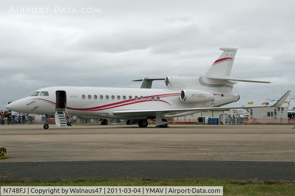 N748FJ, 2008 Dassault Falcon 7X C/N 48, Port side view of Dassault Falcon 7X N748FJ Cn 48 on static display at the Avalon International Airshow on Saturday 04Mar2011. This was a Dassault/Falcon Jet Company Demo aircraft. I also saw this aircraft at the Paris Air Show at Le Bourget on 24Jun2011.