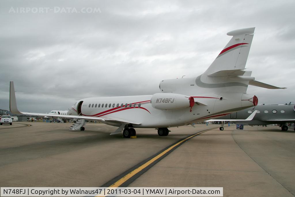 N748FJ, 2008 Dassault Falcon 7X C/N 48, Rear Port side view of Dassault Falcon 7X N748FJ Cn 48 on static display at the Avalon YMAV Airshow on Saturday 04Mar2011. This was a Dassault/Falcon Jet Company Demo aircraft. I also saw this aircraft at the Paris Air Show at Le Bourget on 24Jun2011.