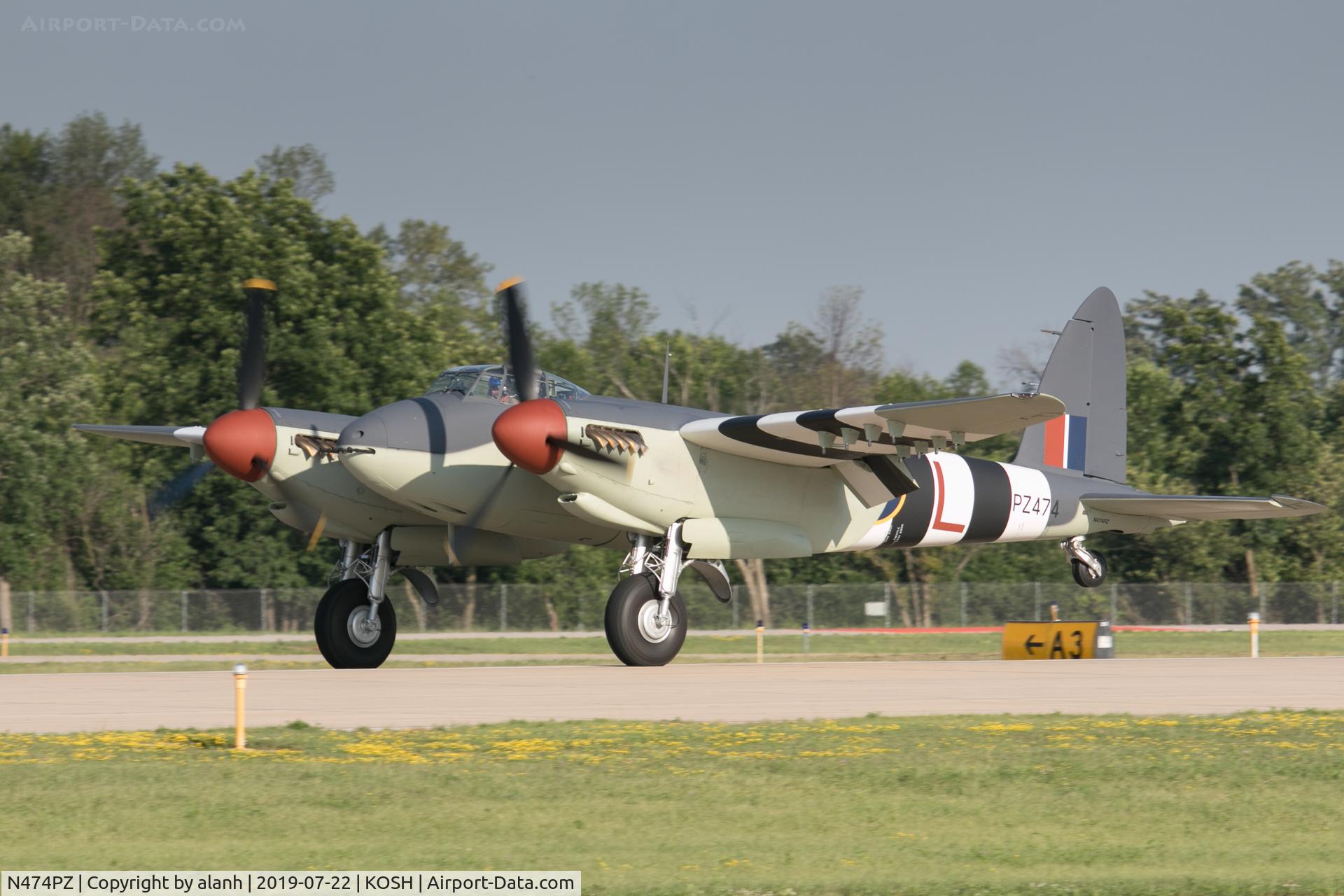 N474PZ, 1945 De Havilland DH.98 Mosquito FB.VI C/N NZ2384/PZ474, Arriving at AirVenture 2019 where this beautiful restoration won both a Phoenix Award and Grand Champion: World War II Award.