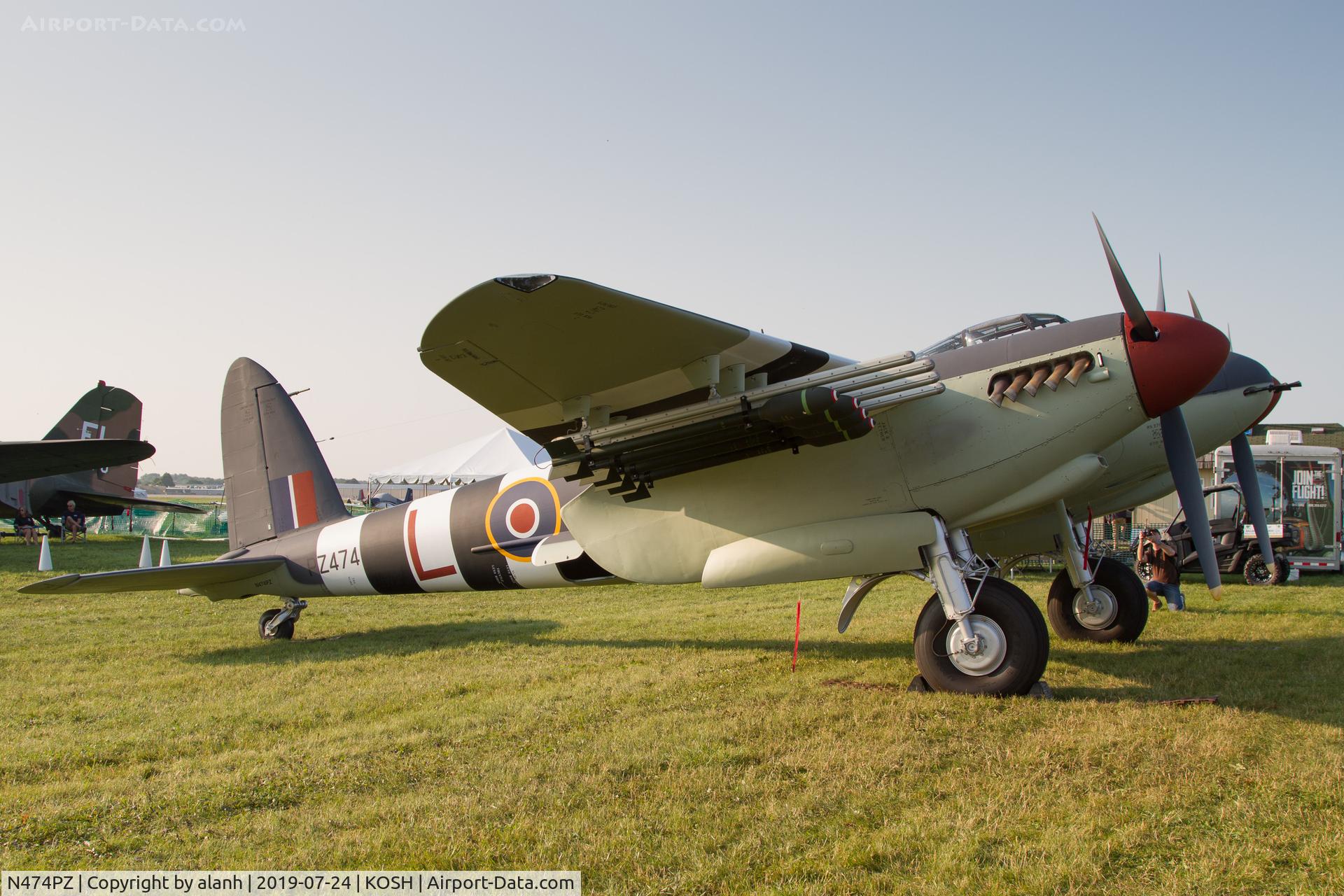 N474PZ, 1945 De Havilland DH.98 Mosquito FB.VI C/N NZ2384/PZ474, In the Warbird area at AirVenture 2019, with underwing rails and dummy rockets fitted