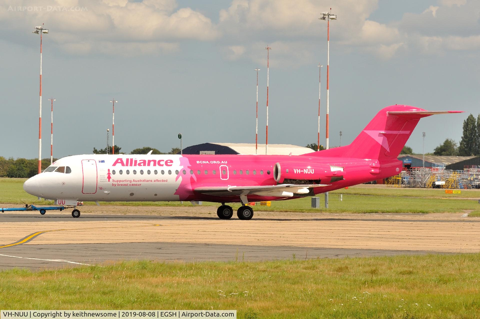 VH-NUU, 1995 Fokker 70 (F-28-0070) C/N 11532, Alliance Airlines 'Supporting Australians affected by breast cancer'