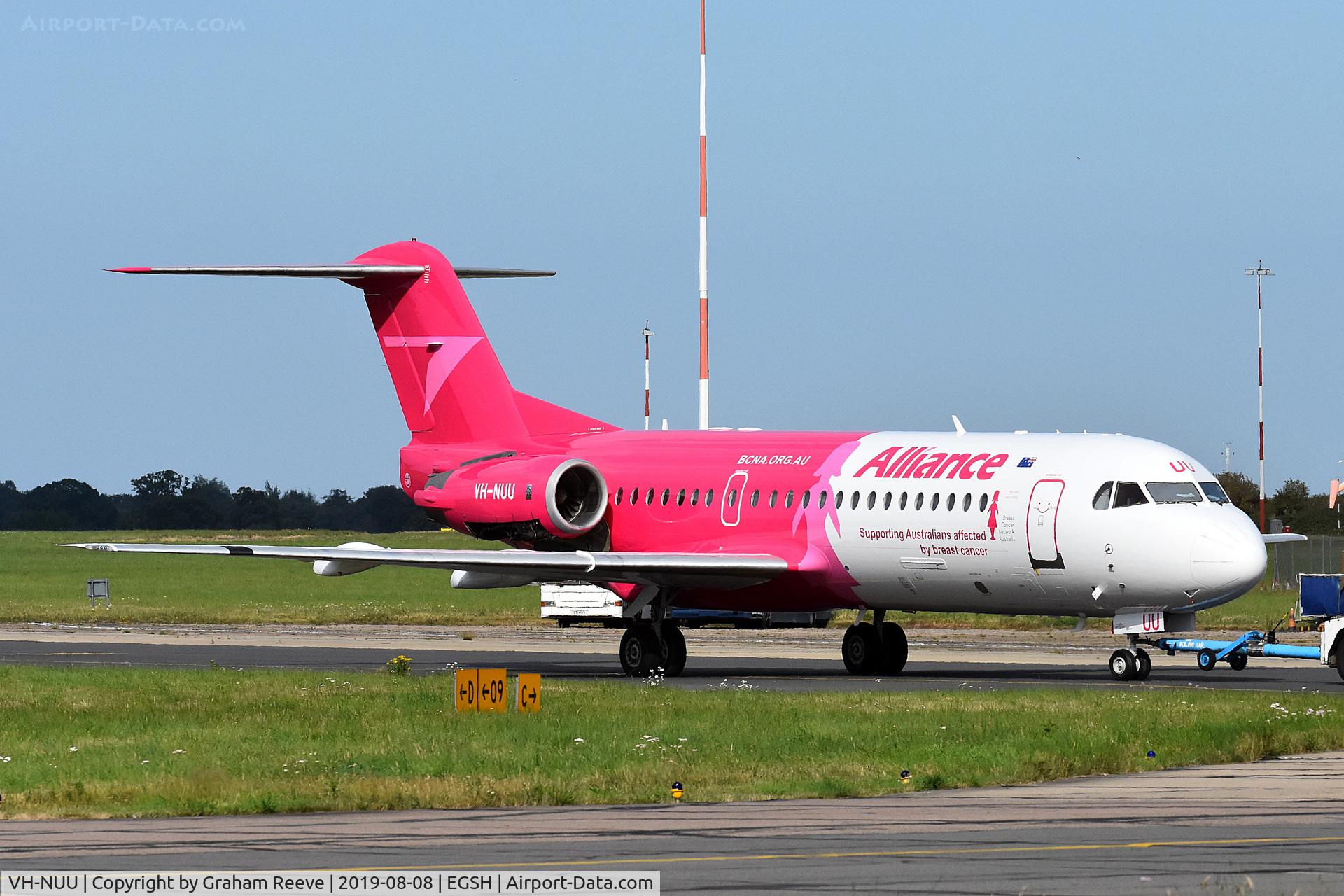 VH-NUU, 1995 Fokker 70 (F-28-0070) C/N 11532, Under tow at Norwich.