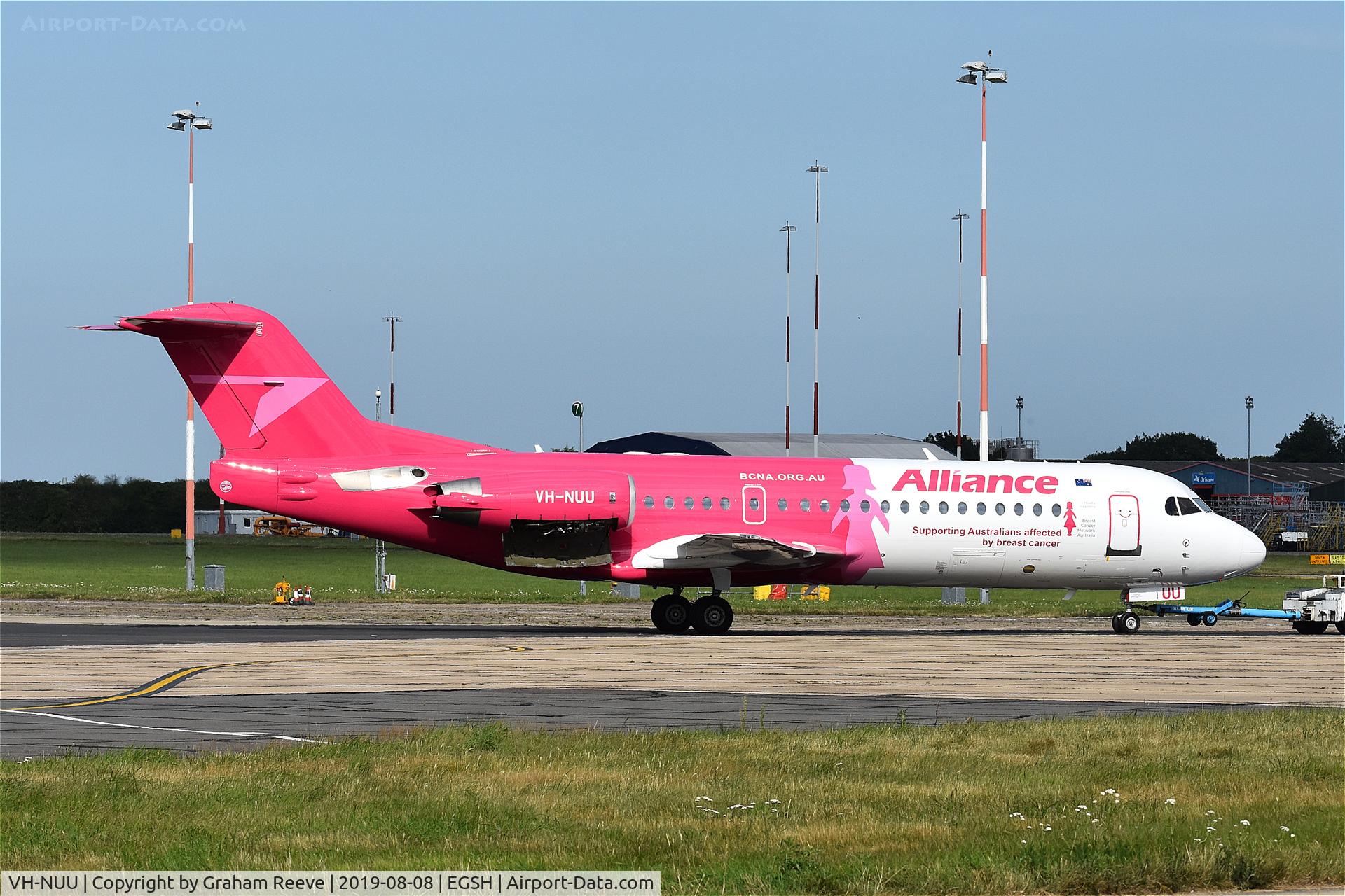 VH-NUU, 1995 Fokker 70 (F-28-0070) C/N 11532, Under tow at Norwich.