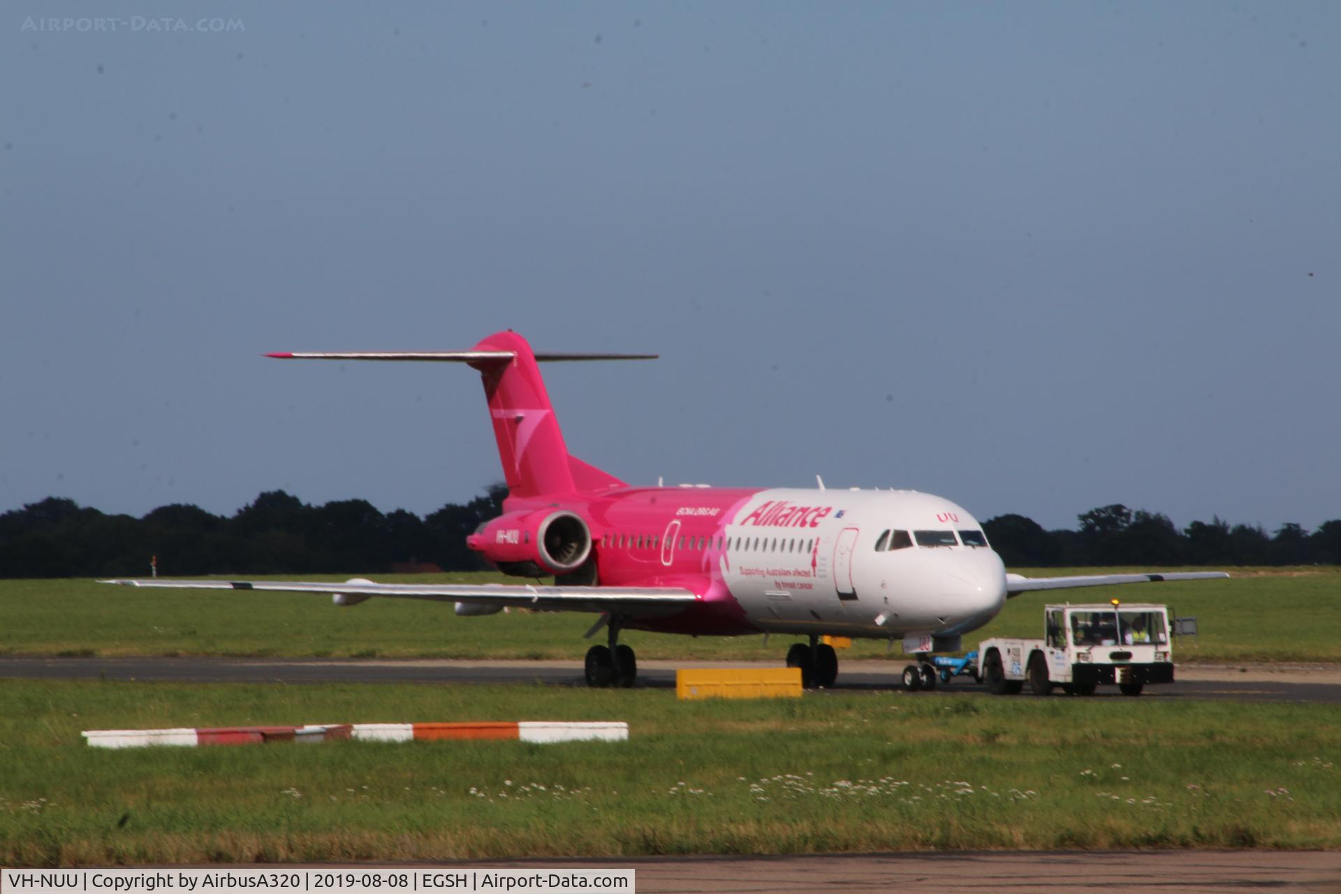 VH-NUU, 1995 Fokker 70 (F-28-0070) C/N 11532, Seen returning from engine runs at Norwich, this Fokker been painted by Air Livery in a special livery
Supporting Australians Affected by Breast Cancer