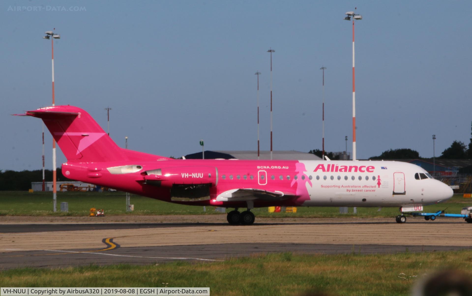 VH-NUU, 1995 Fokker 70 (F-28-0070) C/N 11532, Seen returning from engine runs at Norwich, this Fokker been painted by Air Livery in a special livery
Supporting Australians Affected by Breast Cancer