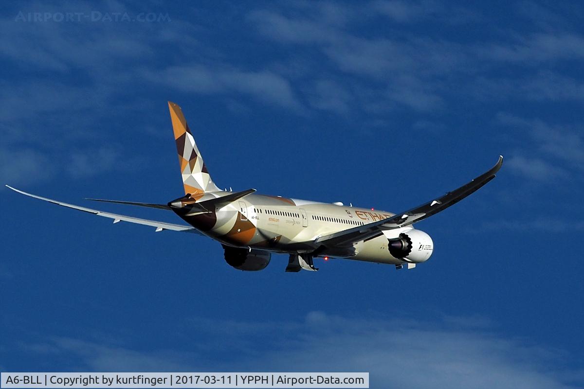 A6-BLL, 2017 Boeing 787-9 Dreamliner C/N 39656, Boeing 787-9. Etihad A6-BLL departed runway 21 YPPH 110317.