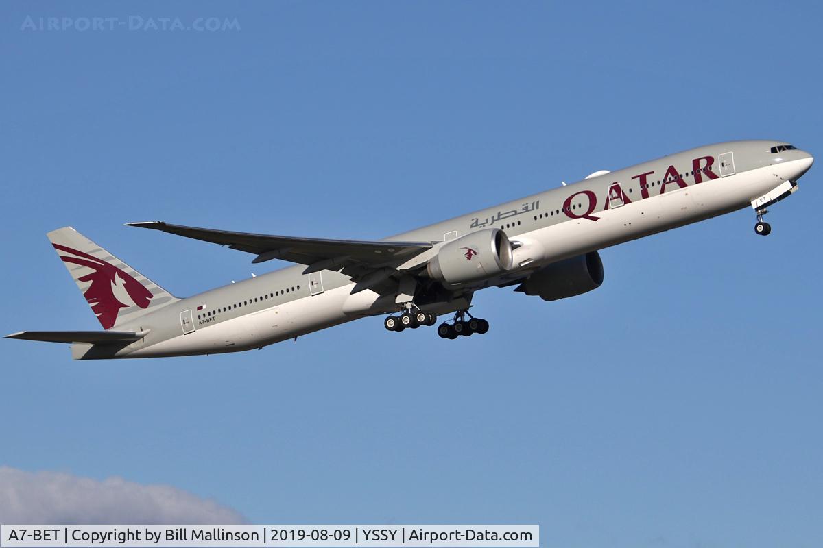 A7-BET, 2018 Boeing 777-3DZ/ER C/N 64087, away to CBR