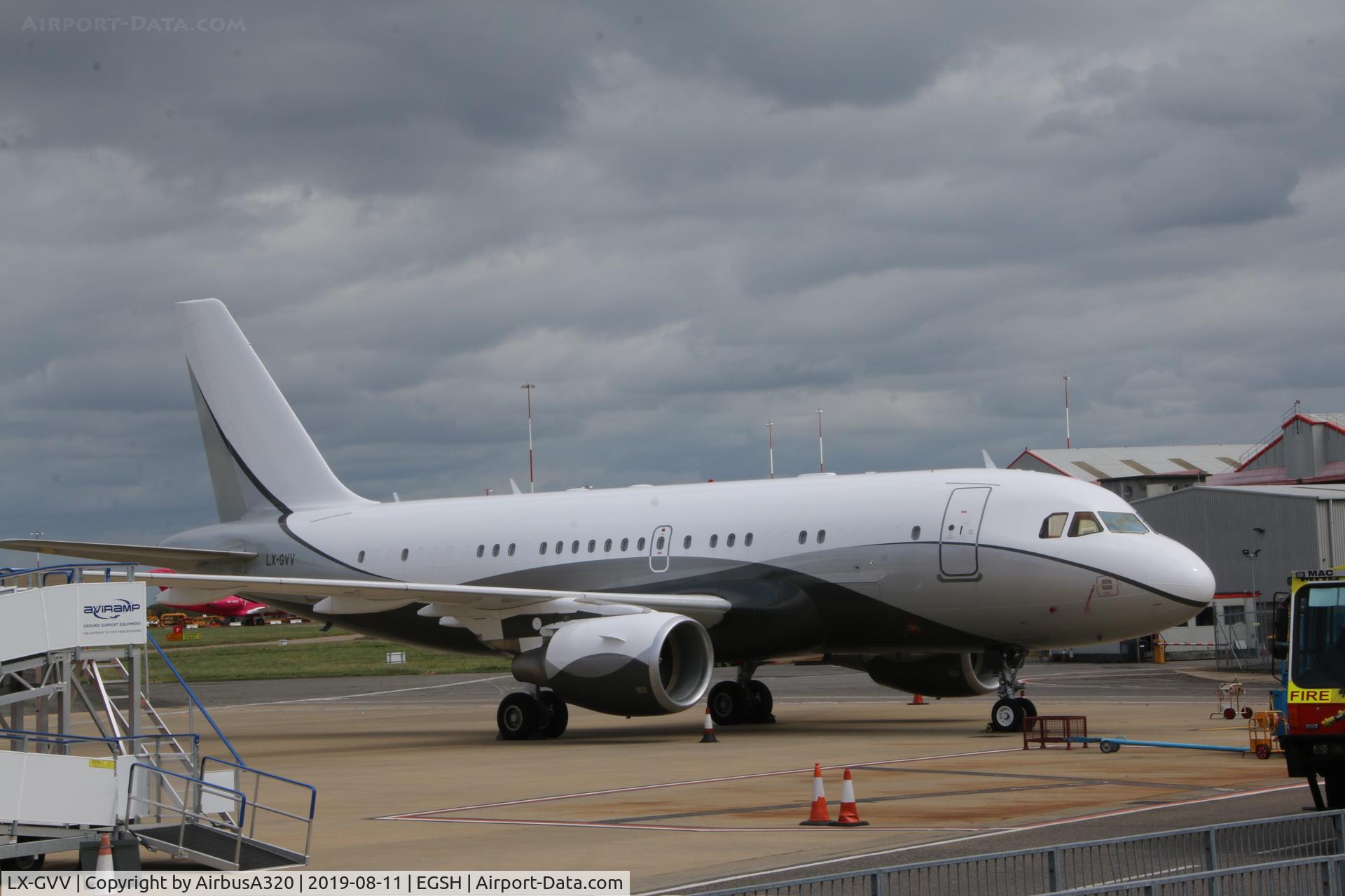 LX-GVV, 2008 Airbus ACJ319 (A319-115/CJ) C/N 3542, Seen parked on stand 6 at Norwich