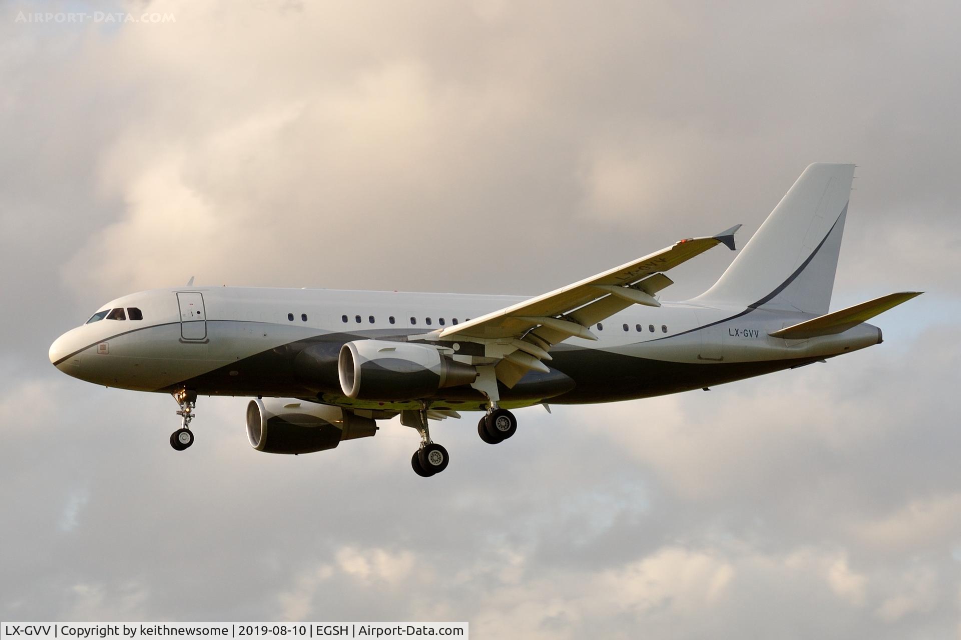 LX-GVV, 2008 Airbus ACJ319 (A319-115/CJ) C/N 3542, Arriving at Norwich from Basel Mulhouse.
