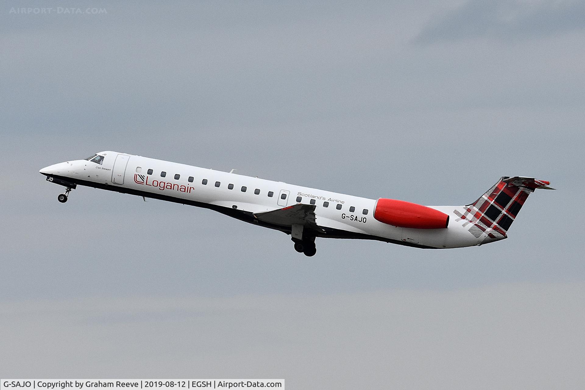 G-SAJO, 2000 Embraer ERJ-145MP (EMB-145MP) C/N 145216, Departing from Norwich.