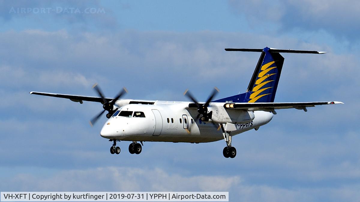 VH-XFT, 1986 De Havilland Canada DHC-8-102 Dash 8 C/N 052, De Havilland Canada Dash 8-100. Skippers Aviation VH-XFT final runway 03 YPPH 310719.