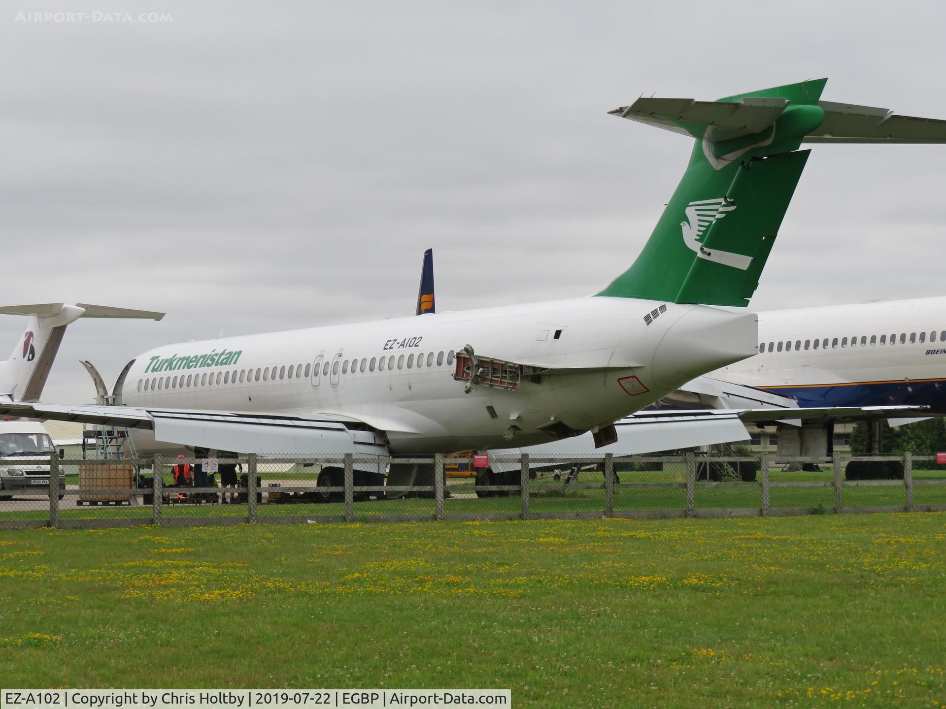 EZ-A102, 2001 Boeing 717-22K C/N 55154, Ex-Turkmenistan Airlines Boeing 717 in the budget airline scrapyard at Kemble being parted out.