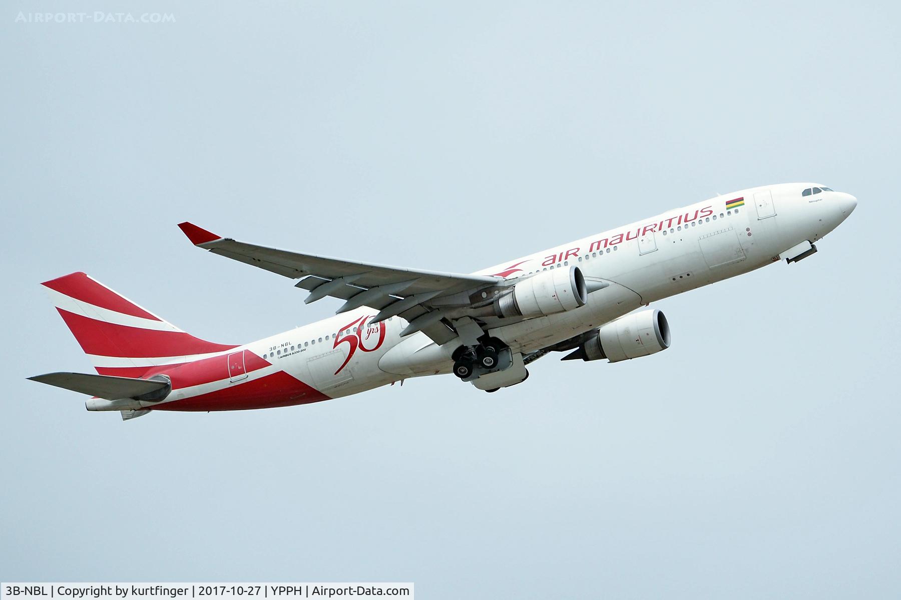 3B-NBL, 2009 Airbus A330-202 C/N 1057, Airbus A330-200. Air Mauritius 3B-NBL departed runway 21 YPPH 271017.