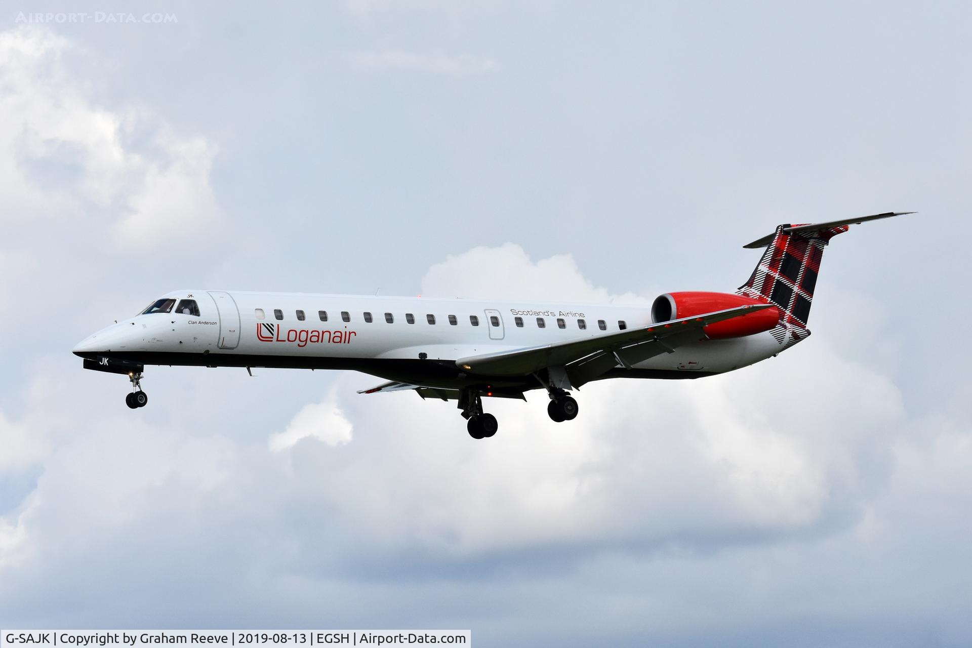G-SAJK, 1999 Embraer EMB-145EP (ERJ-145EP) C/N 145153, Landing at Norwich.