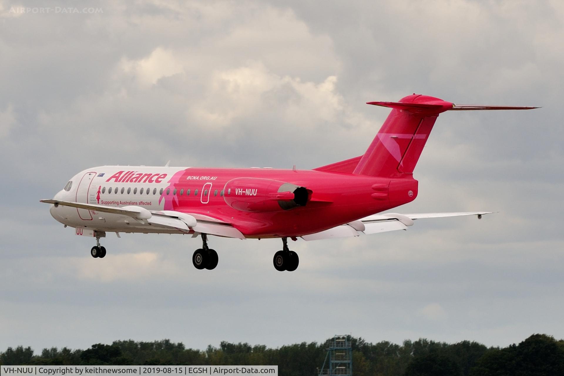 VH-NUU, 1995 Fokker 70 (F-28-0070) C/N 11532, Returning to Norwich from first air test since paintwork.