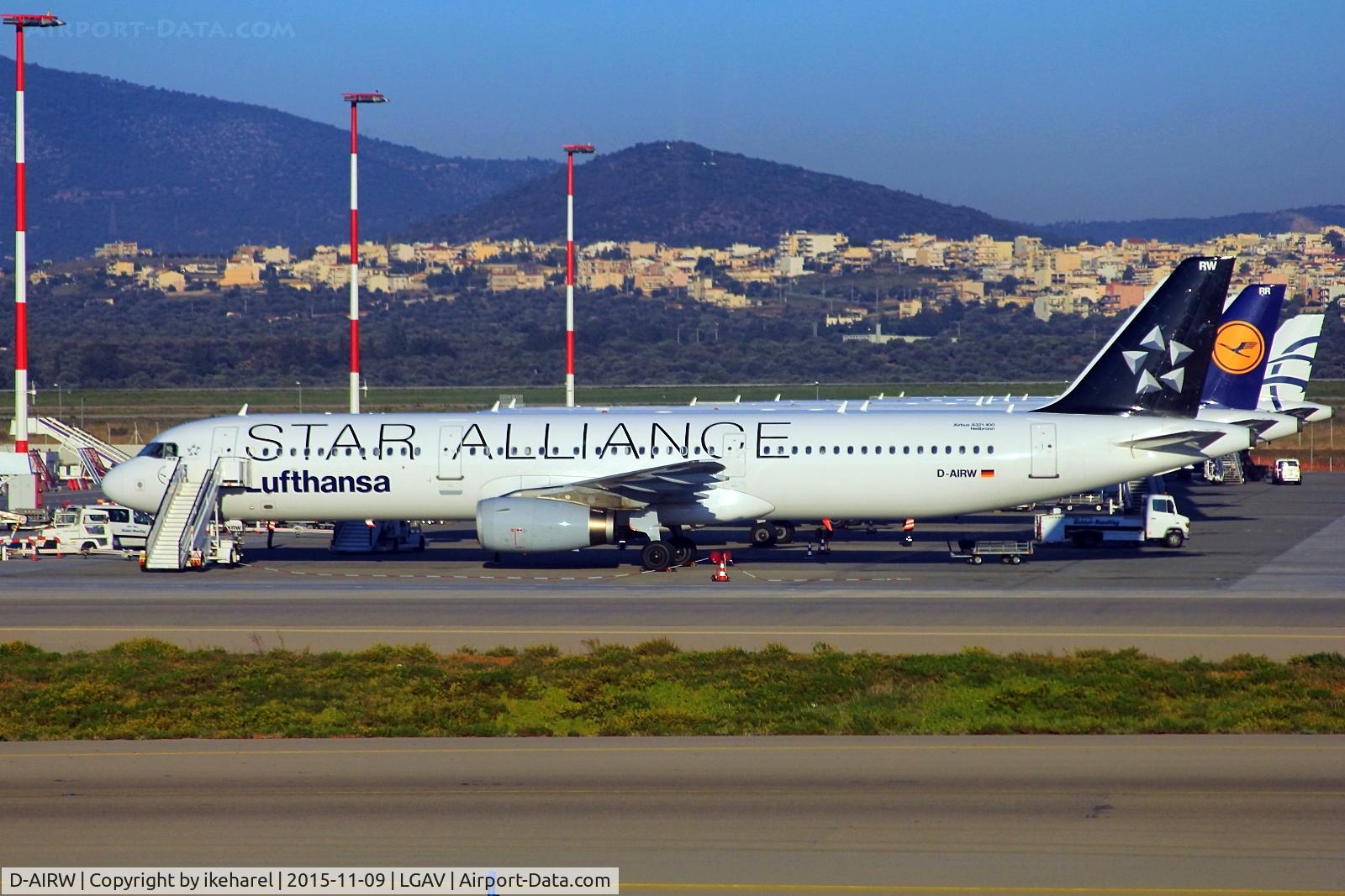 D-AIRW, 1997 Airbus A321-131 C/N 0699, Lufthansa Airbus 321-131 reg. D-AIRW and another Lufthansa with the Star-Alliance livery,  and Agean planes on tarmac at Athens airport.