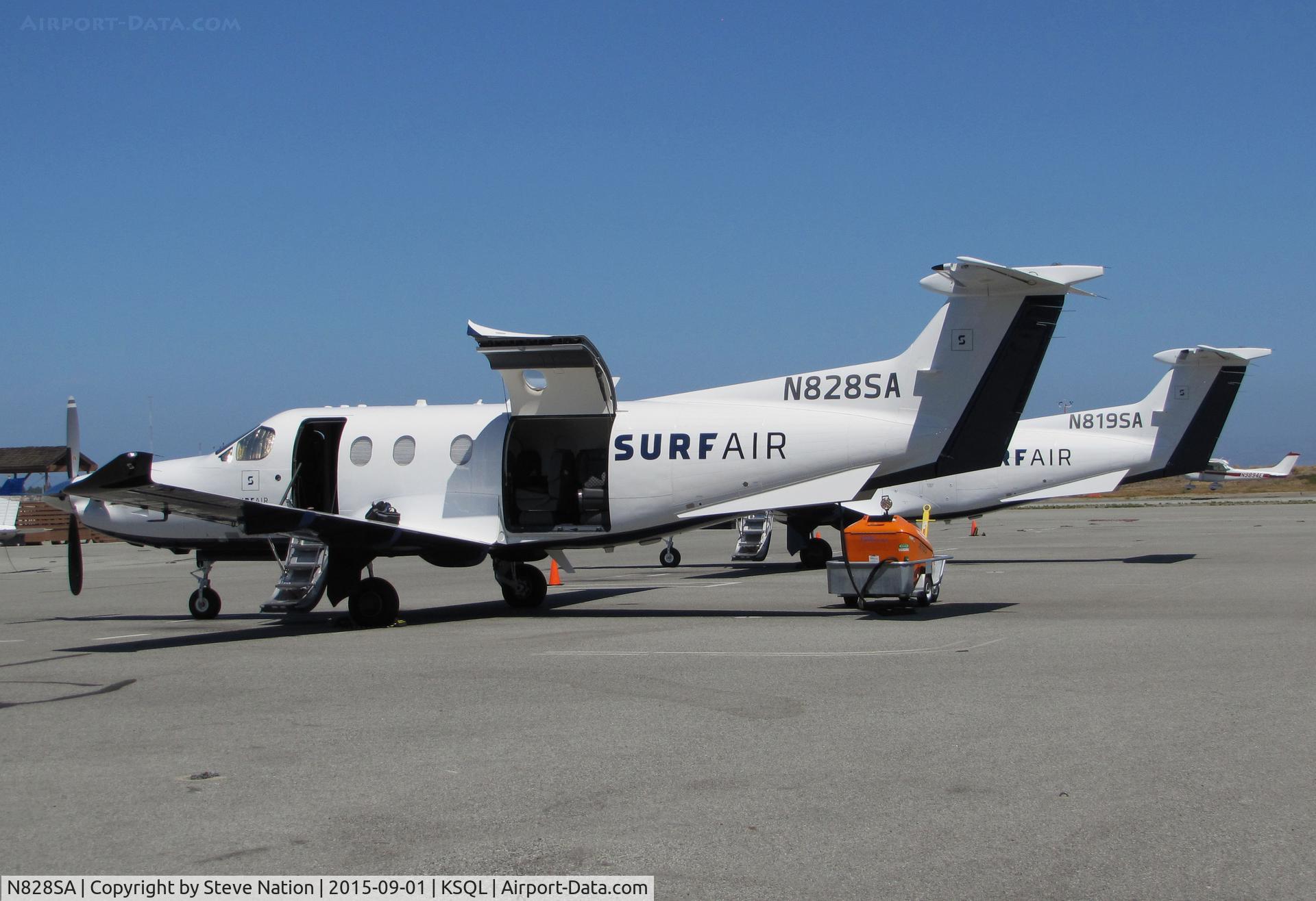 N828SA, 2015 Pilatus PC-12/47E C/N 1525, Pair of Surf Airlines Pilatus PC-12/47E await passengers at the company's SF Bay Area terminal