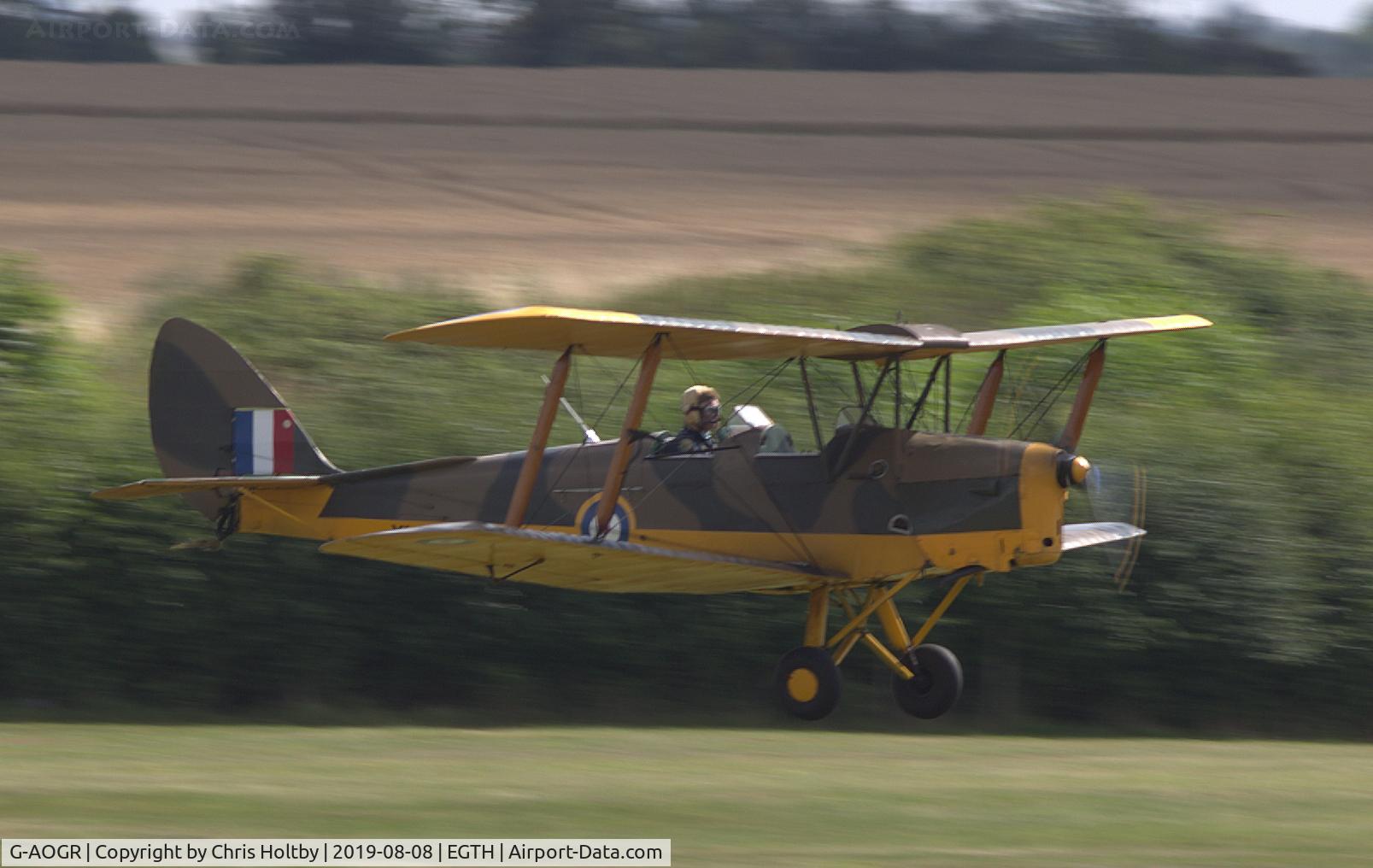 G-AOGR, 1942 De Havilland DH-82A Tiger Moth II C/N 84566, 1942 Tiger Moth about to touch down at Old Warden for the 'Gathering of Moths' day 2019