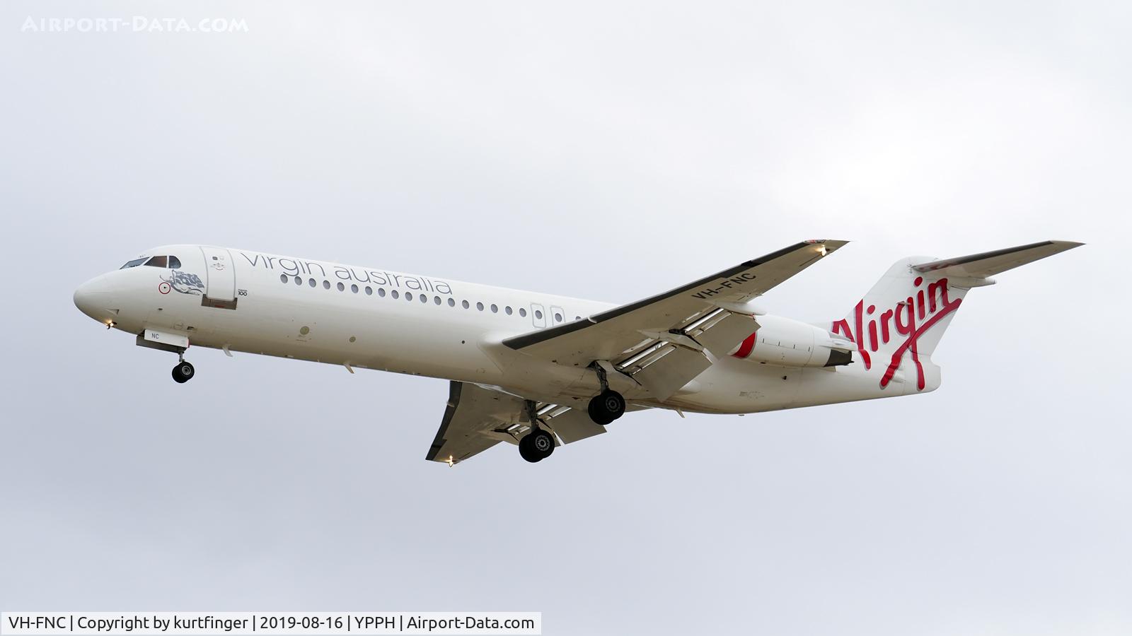 VH-FNC, 1991 Fokker 100 (F-28-0100) C/N 11334, Fokker 100. Virgin Australia VH-FNC arriving from Geraldton Rwy 06 YPPH 160819.