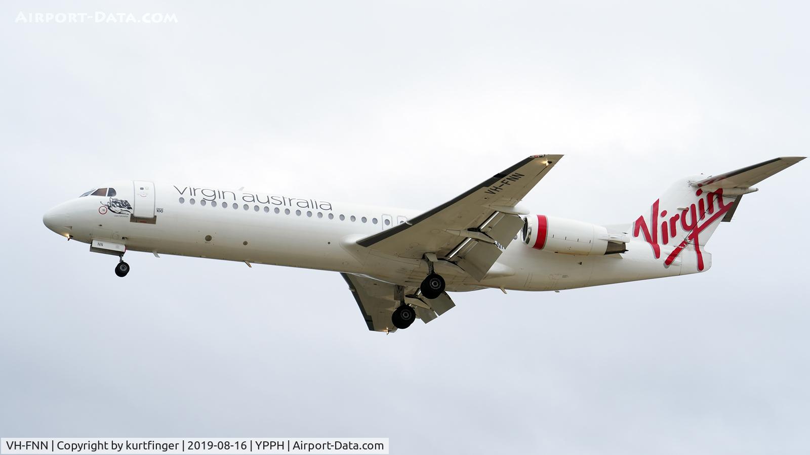 VH-FNN, 1990 Fokker 100 (F-28-0100) C/N 11326, Fokker 100. Virgin Australia VH-FNN arriving from Karratha Rwy 06 YPPH 160819.