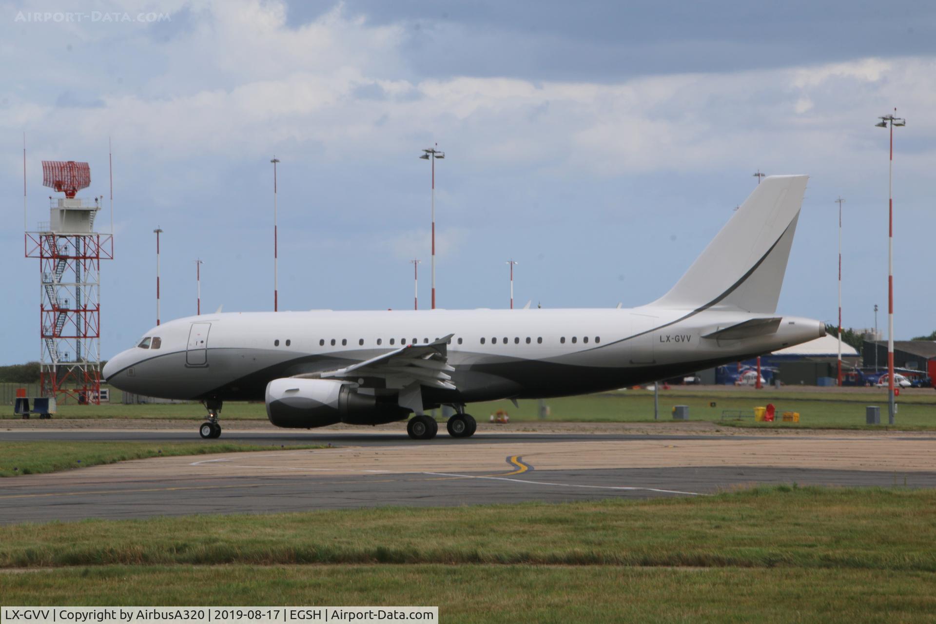 LX-GVV, 2008 Airbus ACJ319 (A319-115/CJ) C/N 3542, Departing Norwich after work with Air Livery
