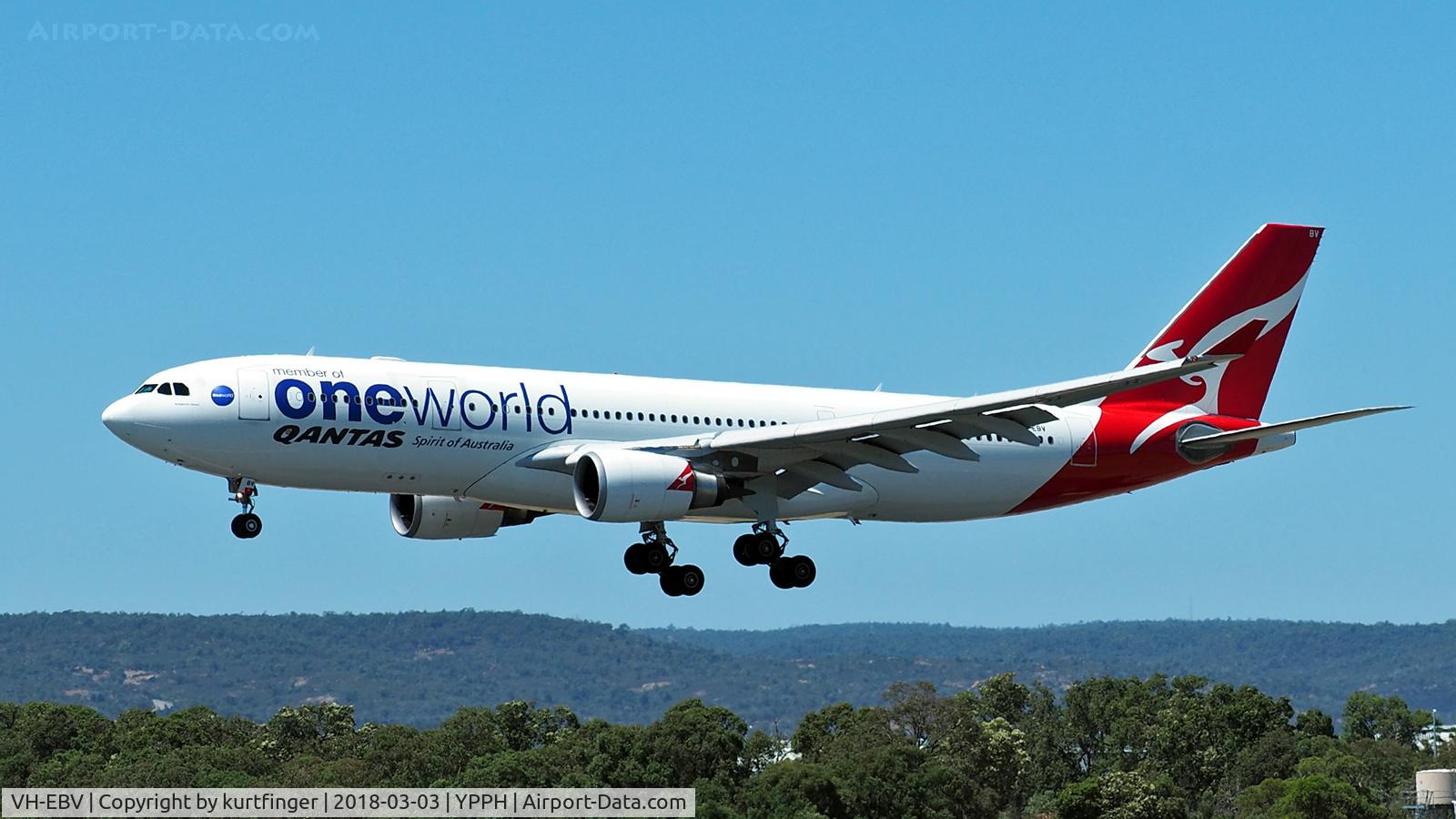 VH-EBV, 2012 Airbus A330-202 C/N 1365, Airbus A330-202. Qantas One World VH-EBV, YPPH final runway 03, 030318.