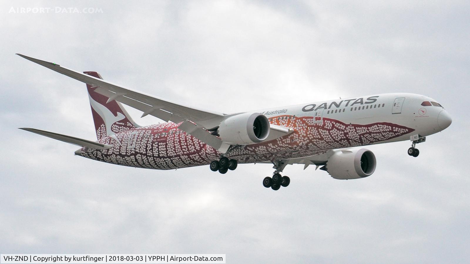 VH-ZND, 2018 Boeing 787-9 Dreamliner C/N 63390, Boeing 787-9. Qantas VH-ZND Rwy 21 YPPH 240318.