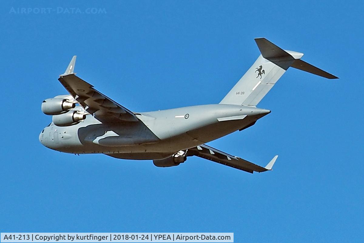 A41-213, 2015 Boeing C-17A Globemaster III C/N F-271/AUS-8, Boeing C-17A Globemaster III. RAAF serial A41-213 departed Rwy 18 YPEA 240118.