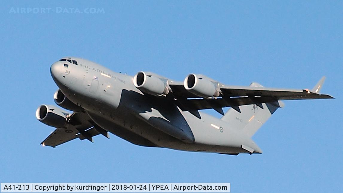 A41-213, 2015 Boeing C-17A Globemaster III C/N F-271/AUS-8, Boeing C-17A Globemaster III RAAF serial A41-213 departed Rwy 18 YPEA 240118.