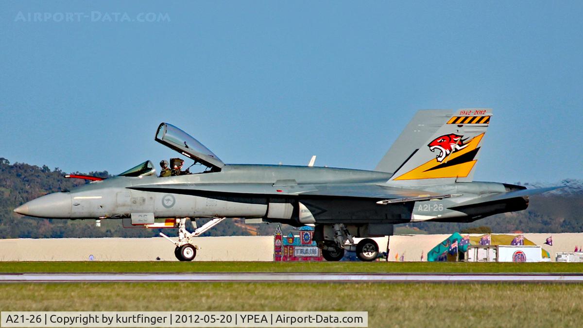 A21-26, 1988 McDonnell Douglas F/A-18A Hornet C/N 506, McDonnell Douglass FA-18A. RAAF A21-26 No 2(F) OCU home-based RAAF Williamtown, NSW. Australia. RAAF Base Pearce May 2012. Maybe one of the Hornets that have been sold to Canada.