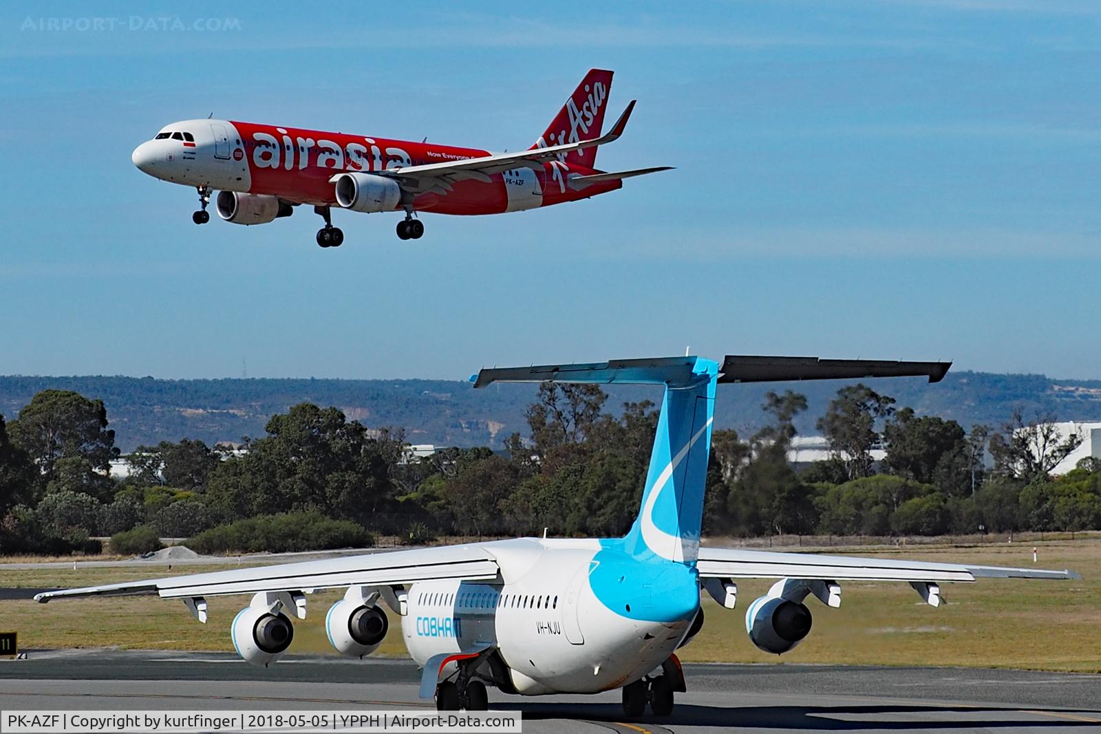 PK-AZF, 2013 Airbus A320-216 C/N 5706, Airbus A320-216 Air Asia PK-AZF final Rwy 03, with BAE 146 Cobham VH-NJU waiting to line up. YPPH 050518.