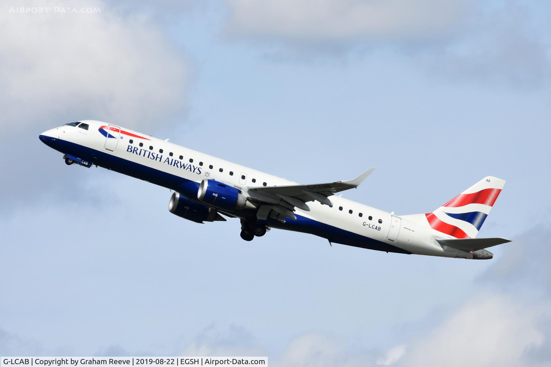 G-LCAB, 2011 Embraer 190SR (ERJ-190-100SR) C/N 19000465, Departing from Norwich.