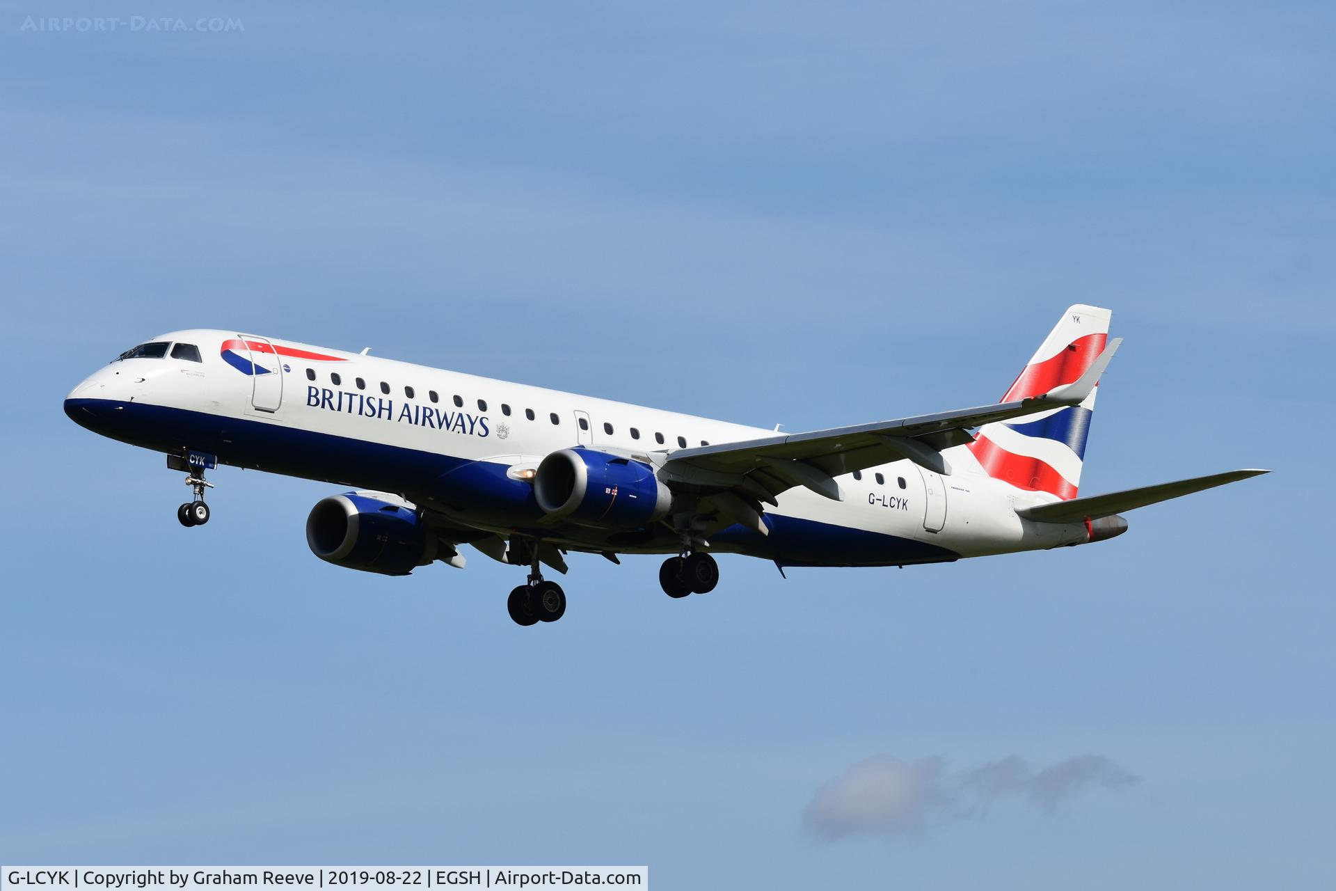 G-LCYK, 2010 Embraer 190SR (ERJ-190-100SR) C/N 19000343, Landing at Norwich.