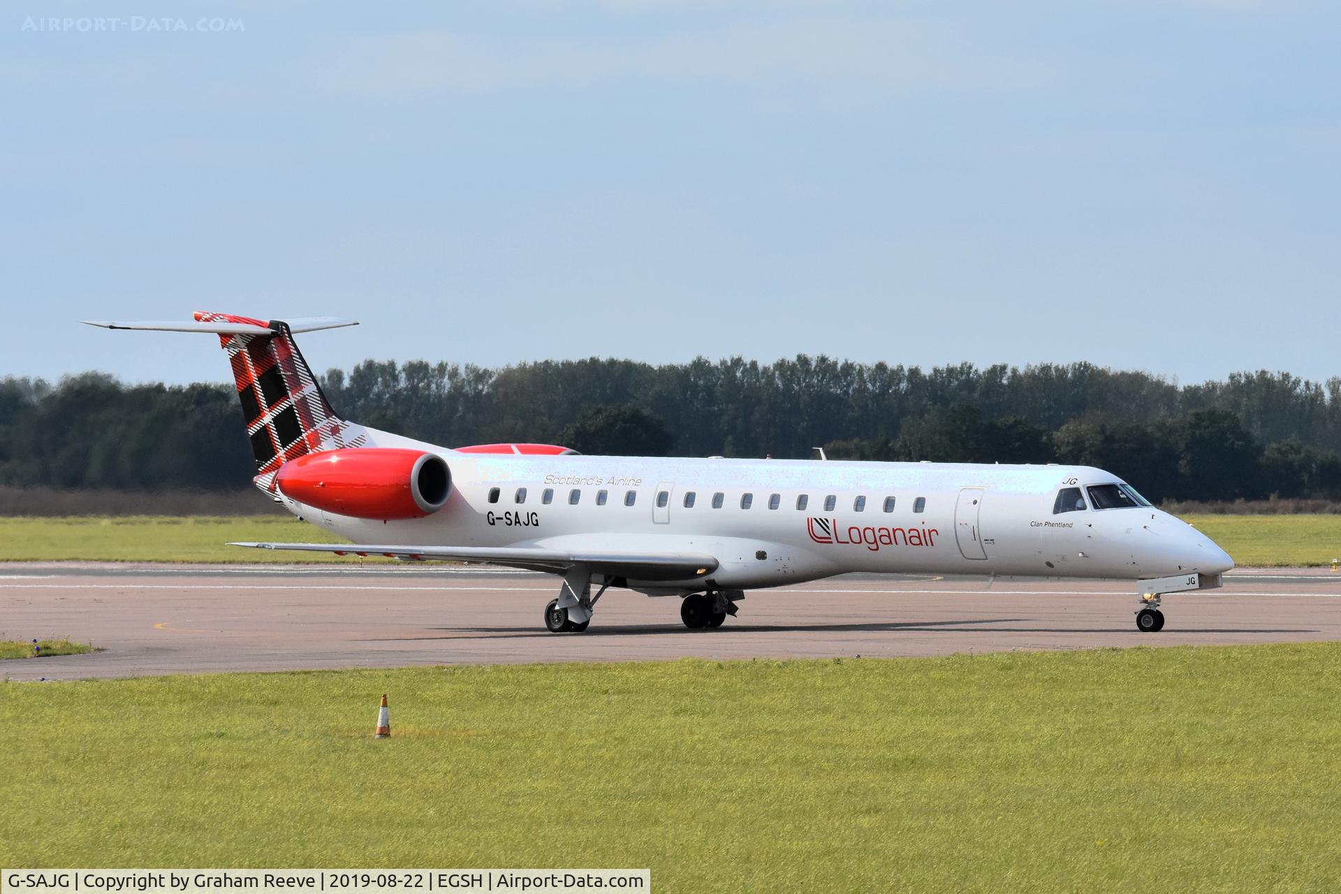 G-SAJG, 1999 Embraer EMB-145EP (ERJ-145EP) C/N 145126, Departing from Norwich.