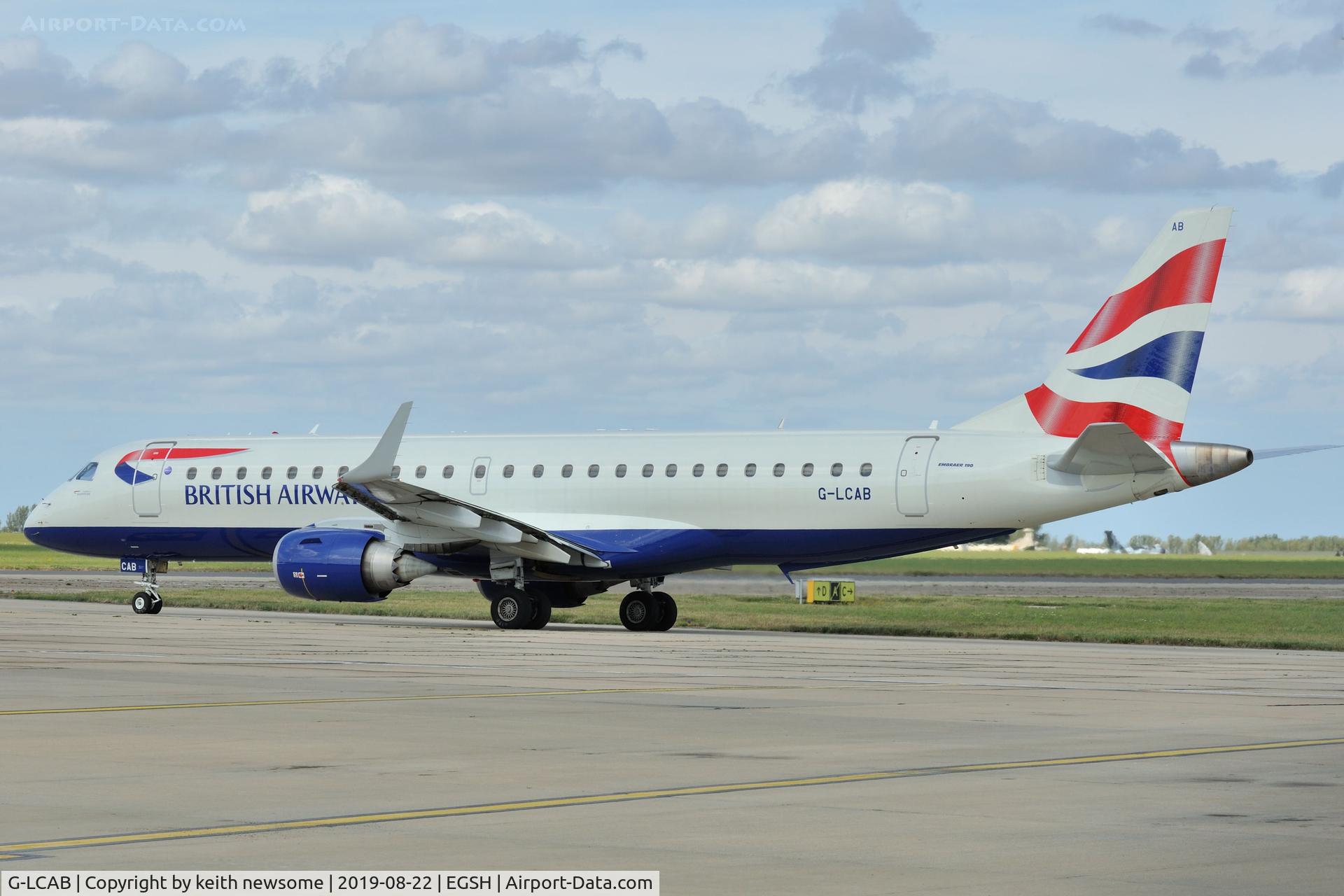 G-LCAB, 2011 Embraer 190SR (ERJ-190-100SR) C/N 19000465, Leaving Norwich for London City Airport.
