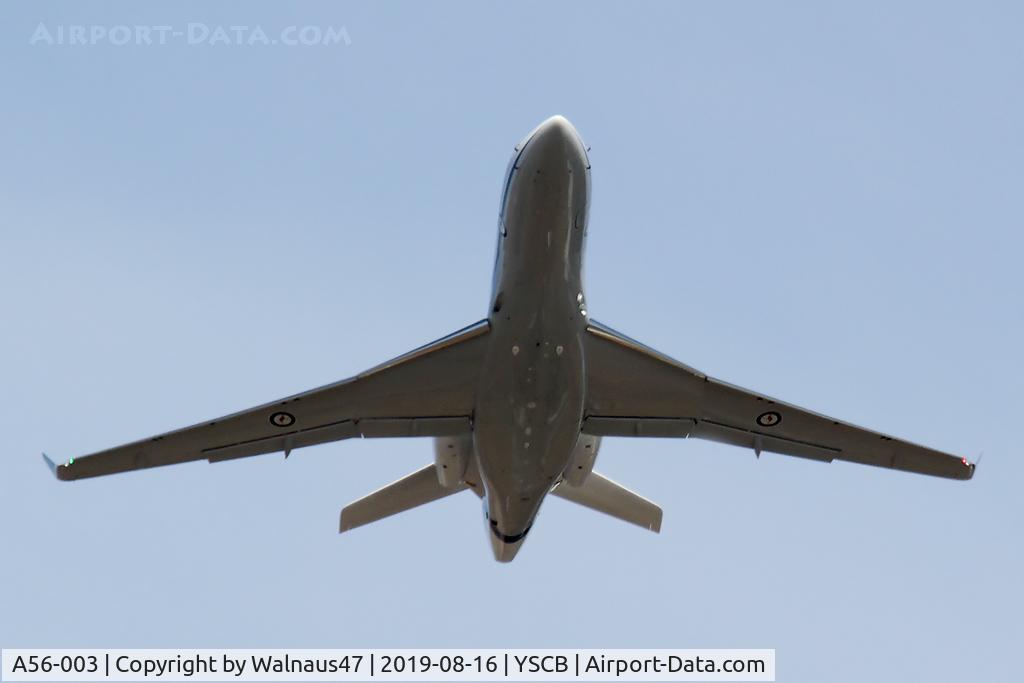 A56-003, Dassault Falcon 7X C/N 283, Front view of RAAF 34 Squadron Dassault Falcon 7X Serial A56-003 Cn 285, shown climbing out from Rwy 35 at Canberra International Airport (YSCB) on 16Aug2019. Three new Falcon 7X Bizjets have replaced the three Challenger 601s previously operated by 34Sqn