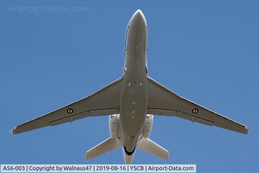 A56-003, Dassault Falcon 7X C/N 283, Front view of RAAF 34 Squadron Dassault Falcon 7X Serial A56-003 Cn 285, shown climbing out from Rwy 35 at Canberra International Airport (YSCB) on 16Aug2019. Three new Falcon 7X Bizjets have replaced the three Challenger 601s previously operated by 34Sqn
