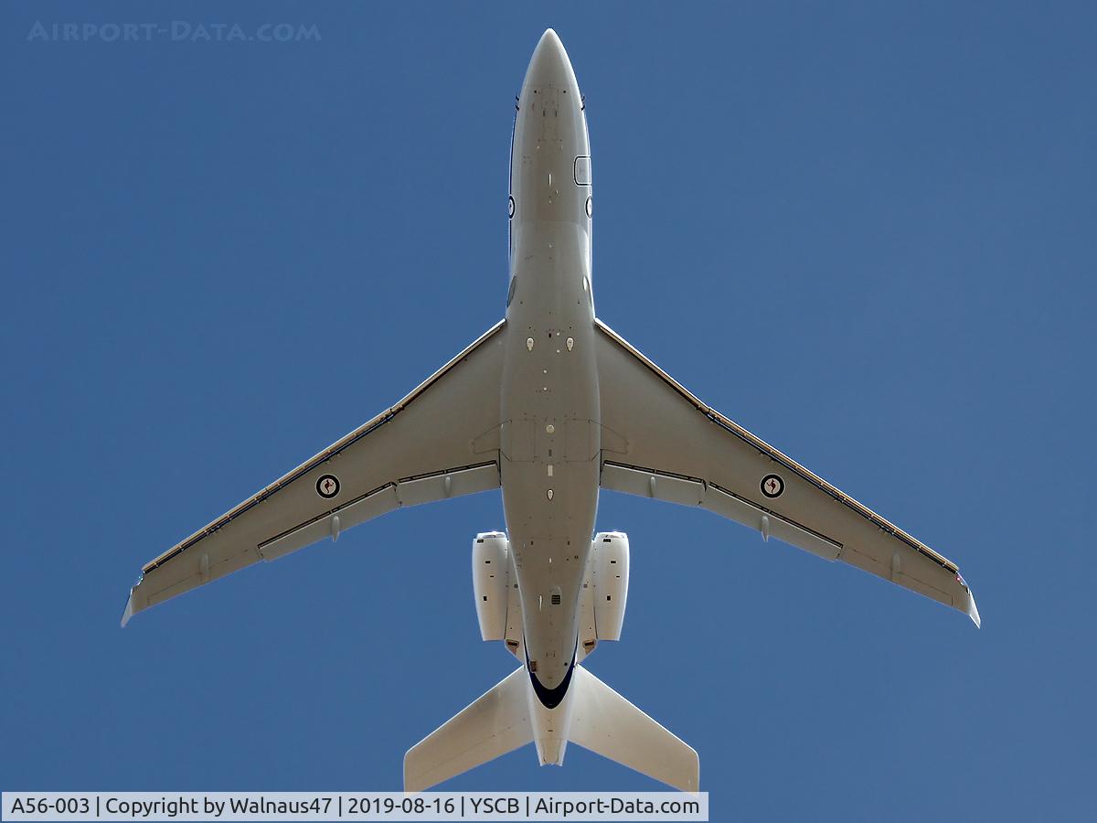 A56-003, Dassault Falcon 7X C/N 283, Underside view of RAAF 34 Squadron Dassault Falcon 7X Serial A56-003 Cn 285, shown climbing out from Rwy 35 at Canberra International Airport (YSCB) on 16Aug2019. Three Falcon 7X Bizjets have replaced the three Challenger 601s previously operated by 34Sqn