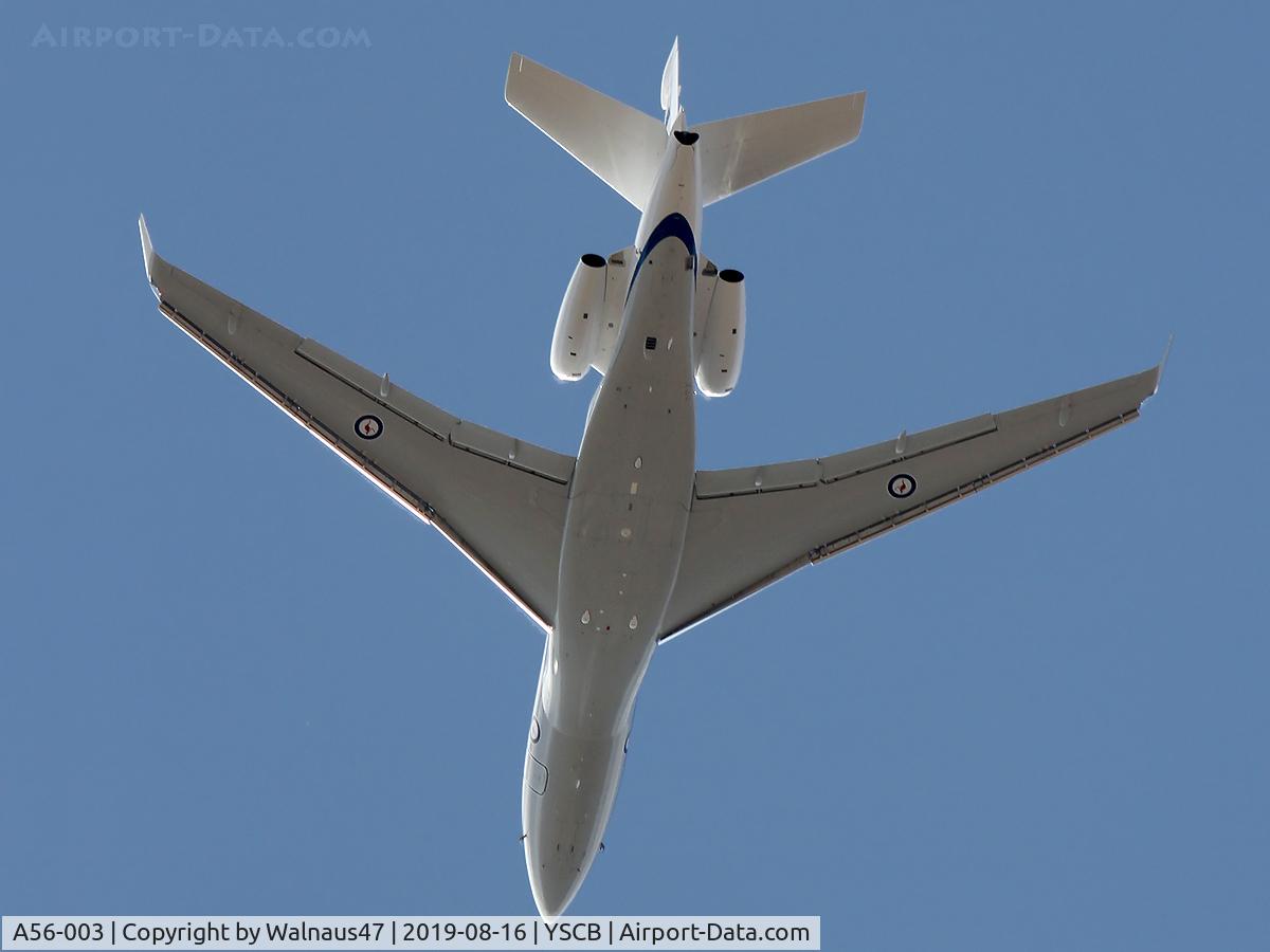 A56-003, Dassault Falcon 7X C/N 283, Underside view of RAAF 34 Squadron Dassault Falcon 7X Serial A56-003 Cn 285, shown climbing out from Rwy 35 at Canberra International Airport (YSCB) on 16Aug2019. Three Falcon 7X Bizjets have replaced the three Challenger 601s previously operated by 34Sqn