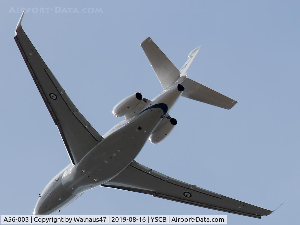 A56-003, Dassault Falcon 7X C/N 283, Rear view of RAAF 34 Squadron Dassault Falcon 7X Serial A56-003 Cn 285, shown climbing out from Rwy 35 at Canberra International Airport (YSCB) on 16Aug2019. Three Falcon 7X Bizjets have replaced the three Challenger 601s previously operated by 34Sqn
