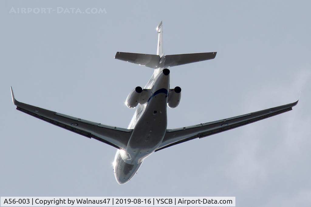 A56-003, Dassault Falcon 7X C/N 283, Rear view of RAAF 34 Squadron Dassault Falcon 7X Serial A56-003 Cn 285, shown climbing out from Rwy 35 at Canberra International Airport (YSCB) on 16Aug2019. Three Falcon 7X Bizjets have replaced the three Challenger 601s previously operated by 34Sqn