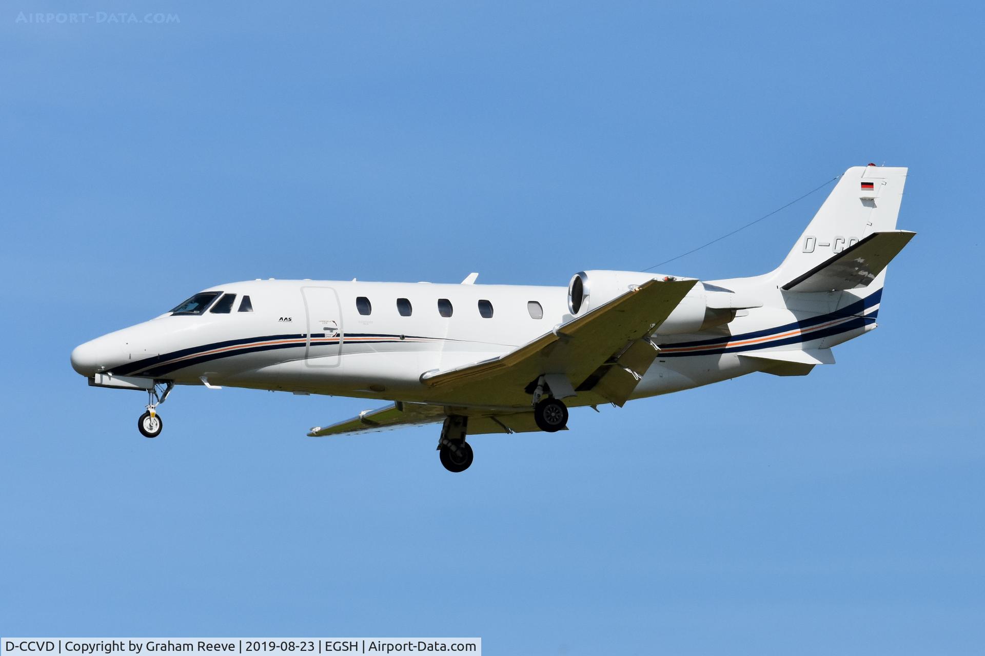 D-CCVD, 2008 Cessna 560XL Citation Excel XLS C/N 560-5784, Landing at Norwich.
