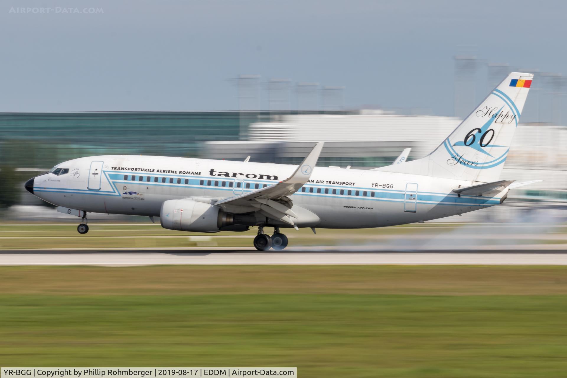 YR-BGG, 2001 Boeing 737-78J C/N 28442, VR-BGG touching down at Munich Airport