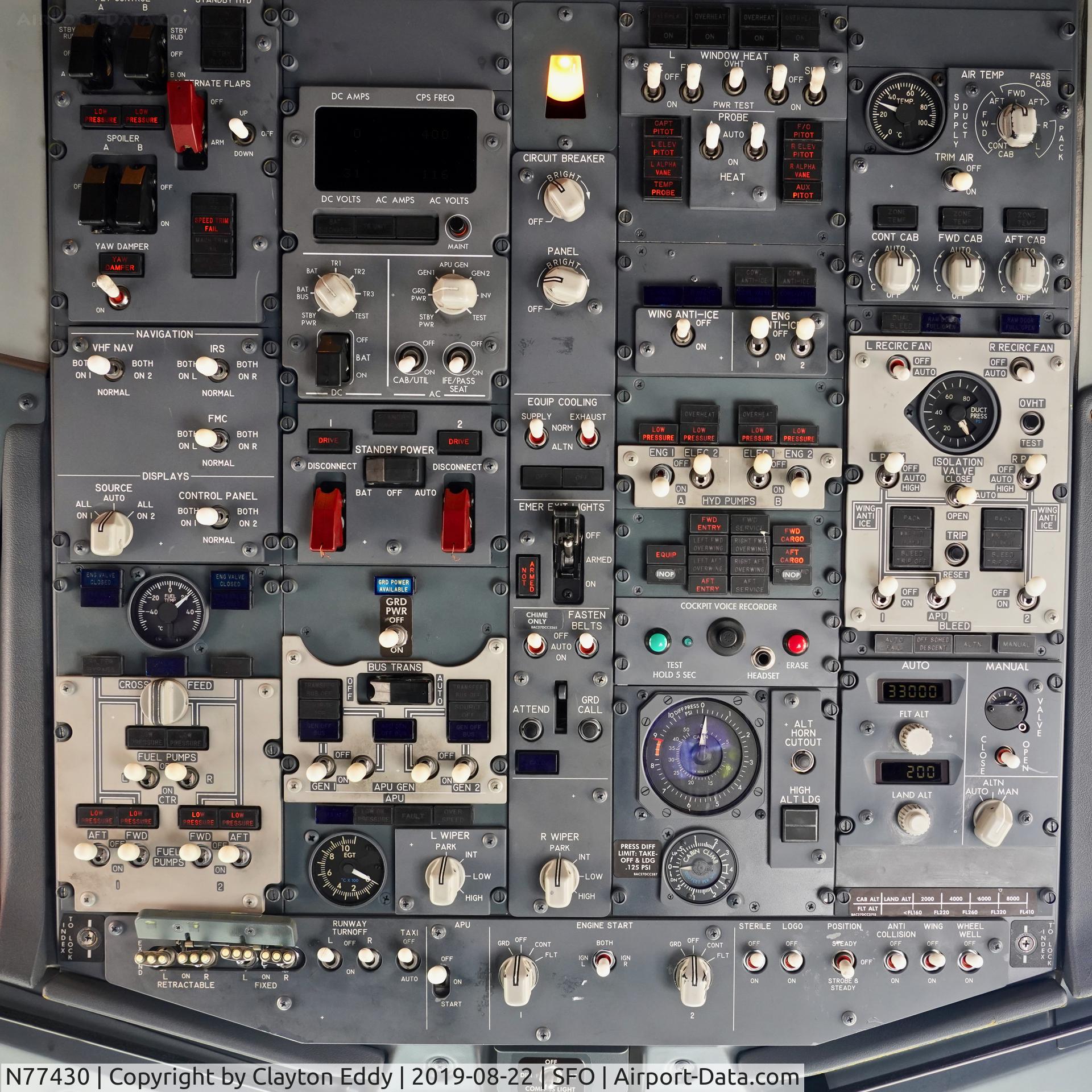 N77430, 2008 Boeing 737-924/ER C/N 37098, Overhead panel SFO 2019.
